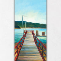 Painting of a wooden dock extending into a body of water with mountains in the background.