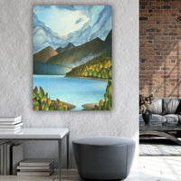 Whimsical paintings of light shining through stormy clouds over a lake