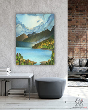 Whimsical paintings of light shining through stormy clouds over a lake