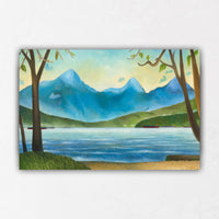 Iconic Vancouver Beach Painting with Trees and Freighters