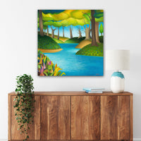 Wooden sideboard with a painting of a forest scene on a white wall.