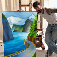 Whimsical painting of the Sea to Sky Highway (Highway 99) with snow-capped mountains, blue water, and coastal forests by Vancouver artist Sam Siegel.