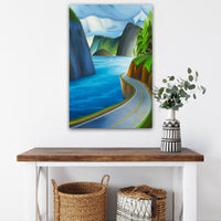 Sea to Sky Highway canvas print featuring coastal mountains and a winding road near Squamish, BC.