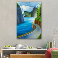 British Columbia Sea to Sky Highway wall art showcasing dramatic mountains, blue ocean, and a winding coastal road.