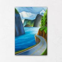 Original oil painting of the Sea to Sky Highway featuring coastal mountains, blue water, and a winding Highway 99 in British Columbia.