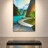 Whimsical Sea to Sky Highway oil painting with snow-capped mountains, blue ocean and winding coastal road in British Columbia