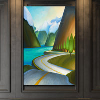 Sea to Sky Highway landscape painting featuring dramatic mountains, coastal islands and deep blue Howe Sound near Vancouver BC