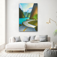Original British Columbia landscape painting of the scenic Sea to Sky Highway surrounded by mountains, ocean and evergreen trees
