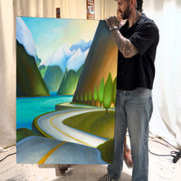 Colourful Sea to Sky landscape artwork showing a winding Highway 99, snow-covered mountains and Howe Sound on the BC coast