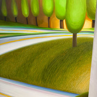 A stylized landscape painting featuring bright green trees, rolling grassy hills, and curved white roads with thin yellow lines under a warm golden sky.