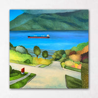 Blanca Street Vancouver paintings with freighter and mailbox