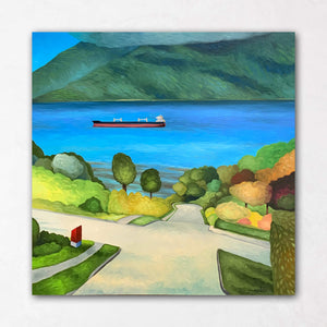 Blanca Street Vancouver paintings with freighter and mailbox