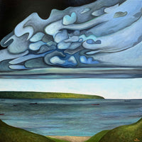 Vancouver Burrard Inlet painting with freighters and storm clouds
