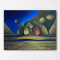 Deep blue night sky painting with playful trees