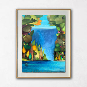 Cascade colourful tree and river painting