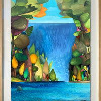 Colorful tree painting with teal river