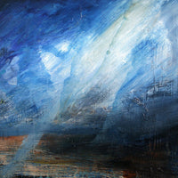 Abstract blue and white thick texture painting with rust colour
