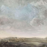 Muted grey and white abstract painting with thick texture and clouds