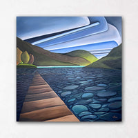 Art deco landscape painting with clouds and lake dock