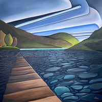 Painting with clouds and lake dock similar to Group of Seven