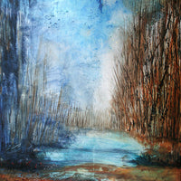 Abstract landscape painting with pond and trees