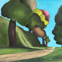 Colorful landscape painting with road and trees