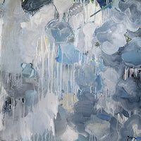 Blue and White Abstract Painting with Flowers