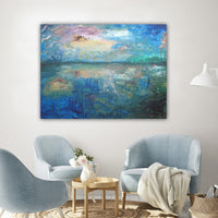 Abstract Lake Landscape with Pink, Blue and Green Colours