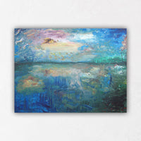Abstract Lake Landscape with Pink, Blue and Green Colours