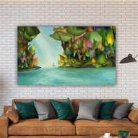 Vibrant Tree Painting with Sailboat and Sun Rays