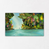 Original Sailboat paintings colorful trees and bright clear waters