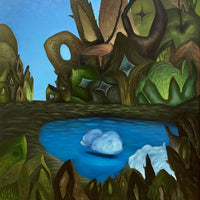 Spooky Forest Painting with Lake and Cloud