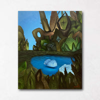 Spooky Forest Painting with Lake and Cloud