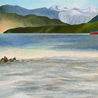 Vancouver Beach Painting with Mountains and Freighters