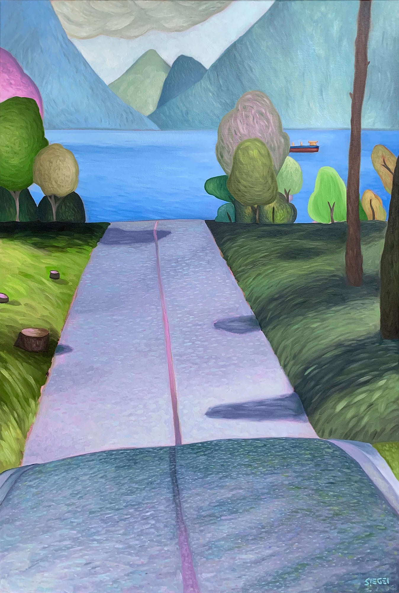 Spring Drive Colourful Pink Road Painting by Vancouver Artist