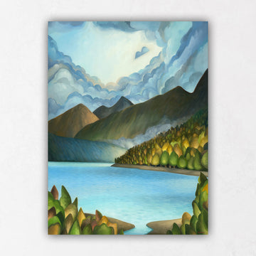 Light shining through clouds painting lake