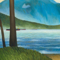 Freighters in the ocean with trees and cloud. Vancouver paintings