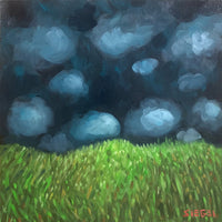 Night Sky Green Grass Paintings with Clouds