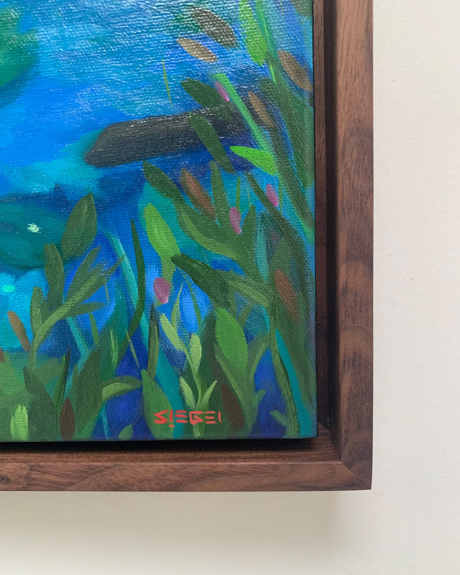 Framed painting of an underwater scene with plants, signed 'SIEGEI'.