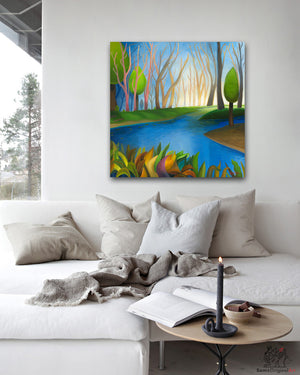 Painting of a forest scene with a lake on a wall above a sofa.