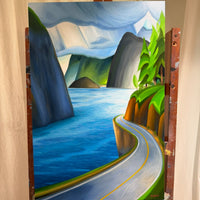 A landscape painting on canvas, depicting a winding road with yellow lines, blue water, green trees, and dark mountain cliffs under a cloudy sky.