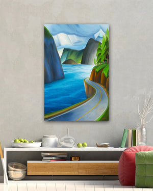 British Columbia Sea to Sky Highway wall art showcasing dramatic mountains, blue ocean, and a winding coastal road.