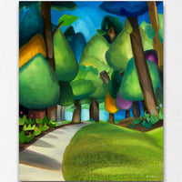 Spring trees painting with path and flowers