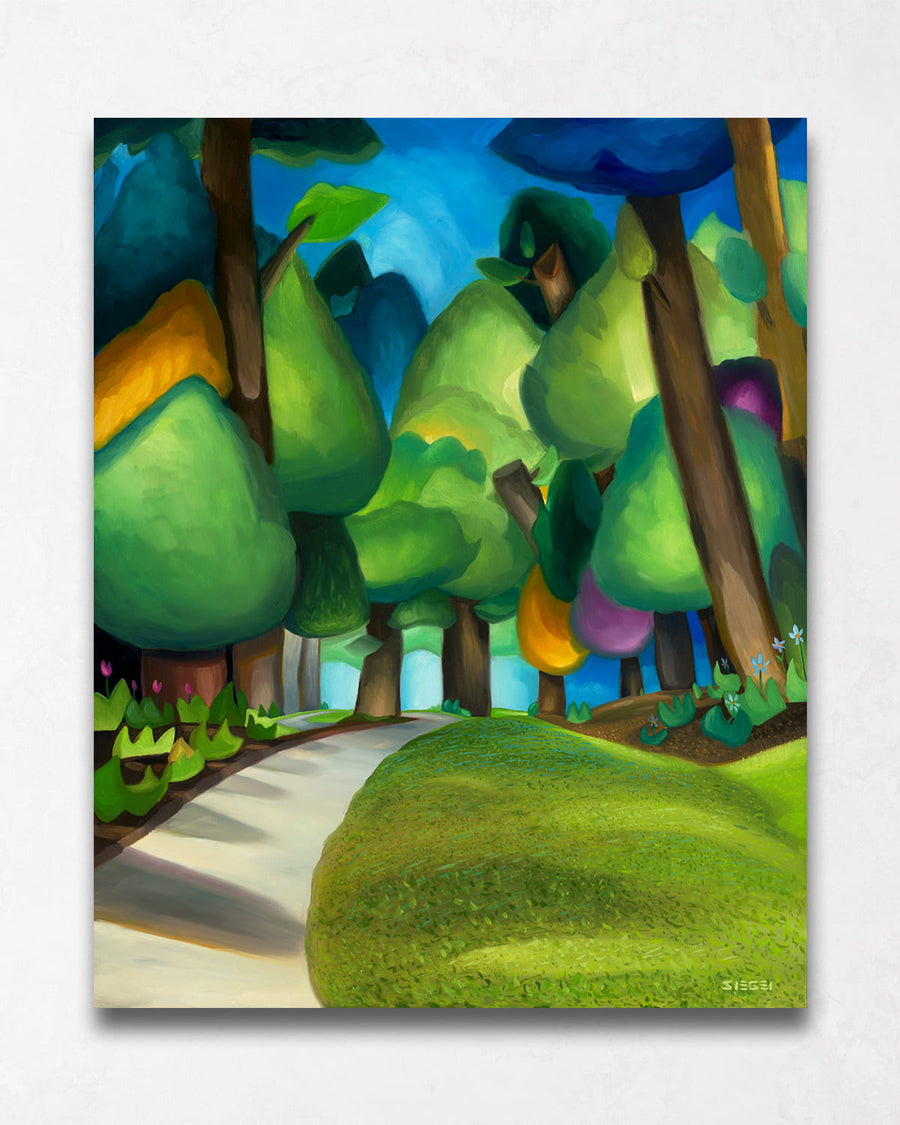 Spring trees painting with path and flowers
