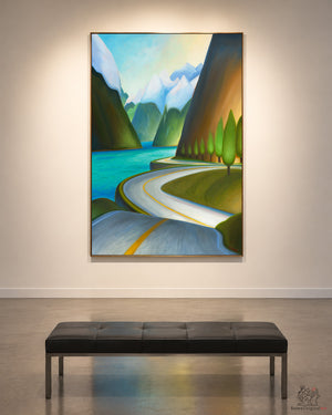 Whimsical Sea to Sky Highway oil painting with snow-capped mountains, blue ocean and winding coastal road in British Columbia