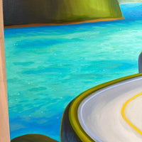 A close-up of a painted coastal scene with bright turquoise water, green cliffs, a curved white road with a yellow line.