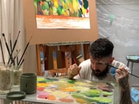 Colorful tree paintings with ocean cove video