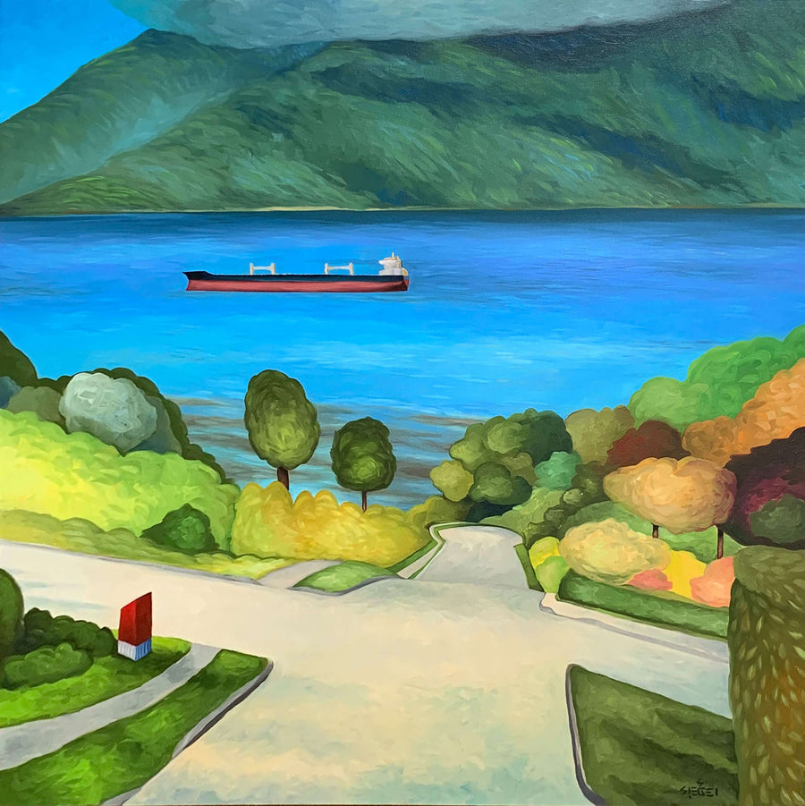 Vancouver street painting with freighter and mailbox