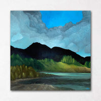 Capilano Lake painting mountain silhouette with teal water and clouds