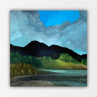 silhouette mountain lake painting